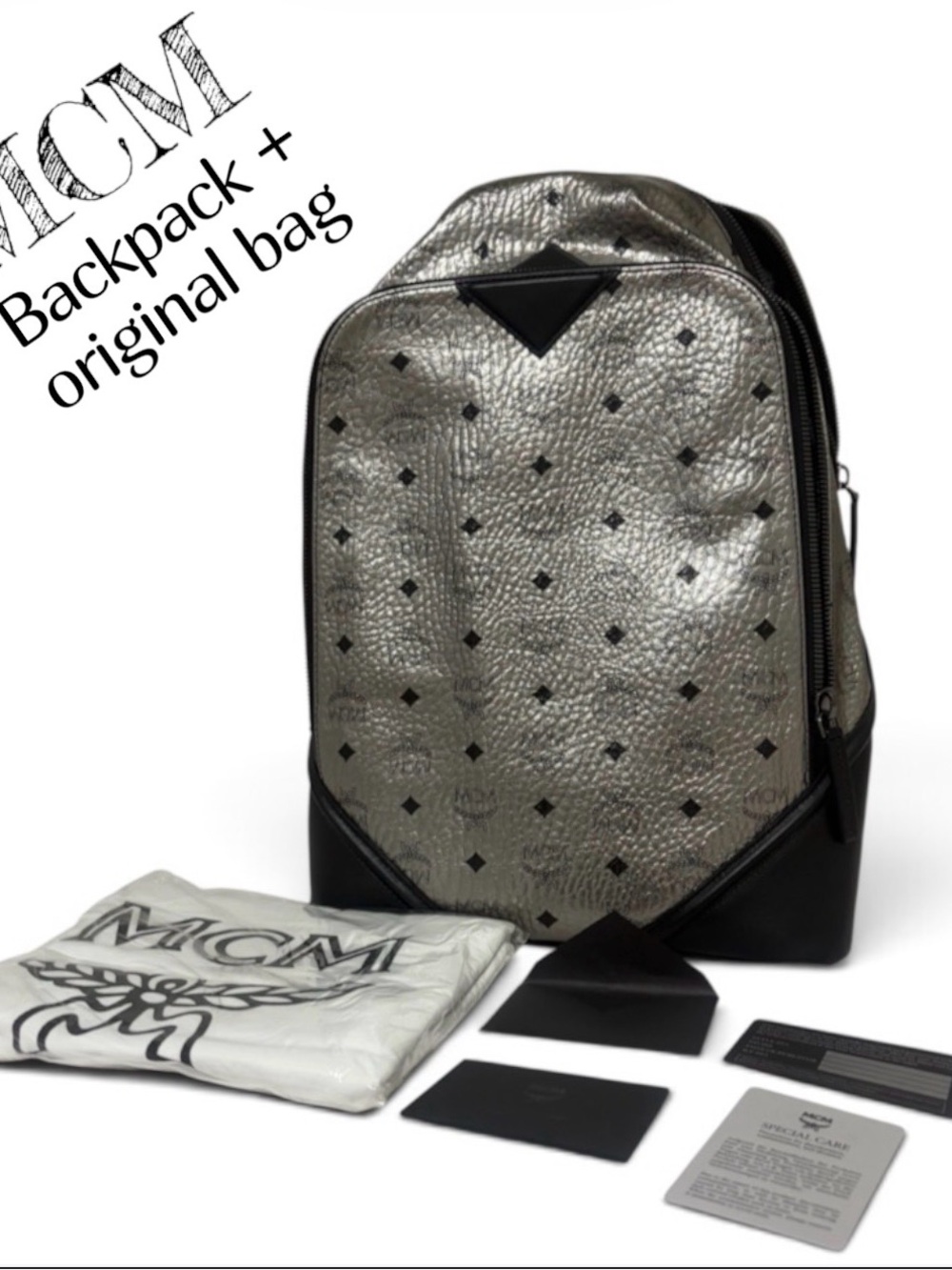 MCM Men/Woman Silver Black Medium Backpack